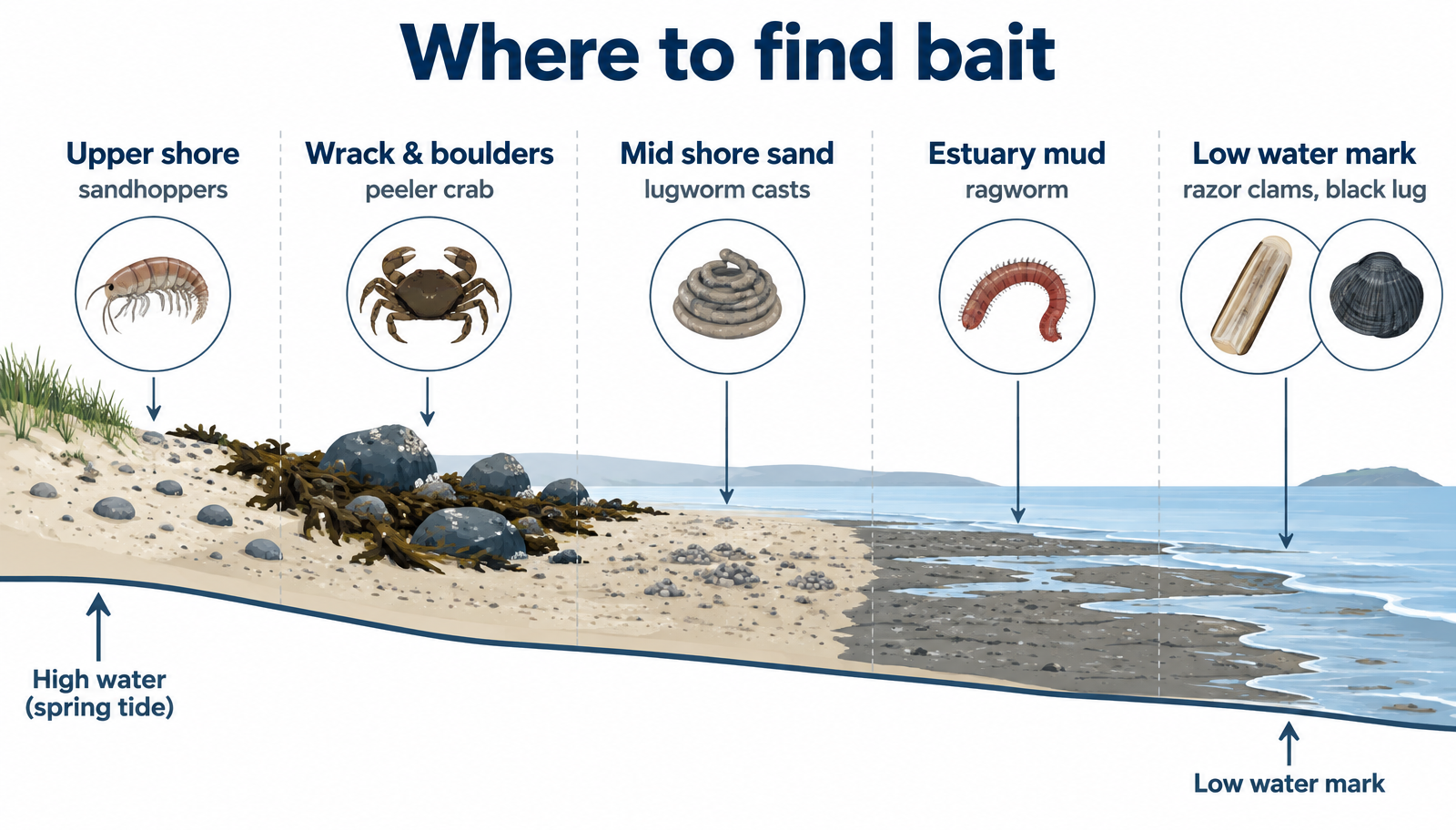 Where to find bait from high to low water